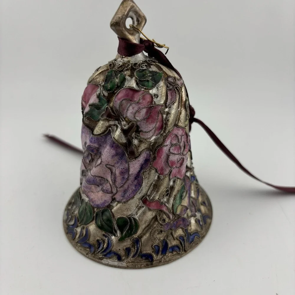 Cloisonne Floral Bell Silver Pink Excellent Rose Enamel Ornament